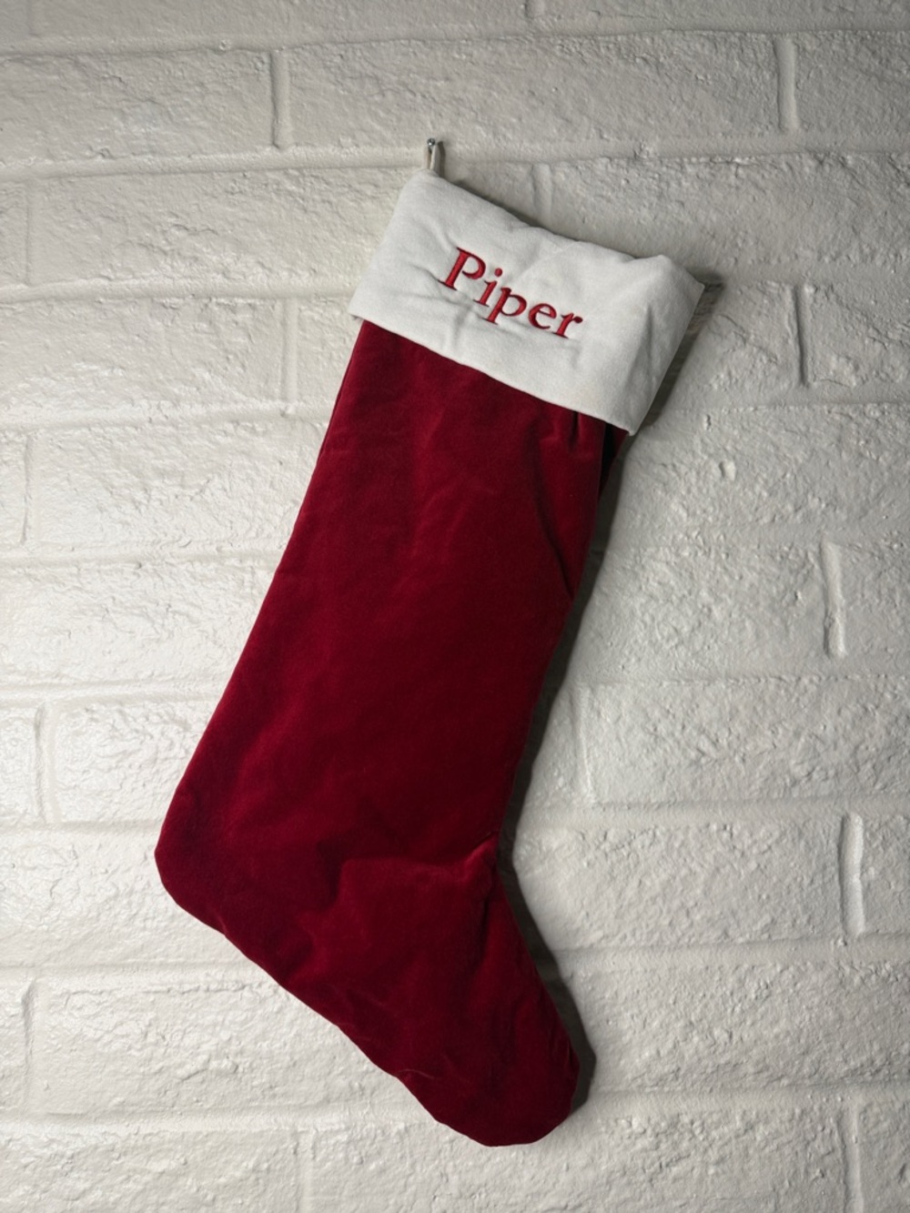 Pottery Barn Classic Velvet Stocking Red w/White “Piper”